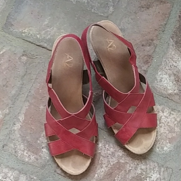 A2 aerosoles red leather cork wedge sandals 8.5 - Picture 2 of 4